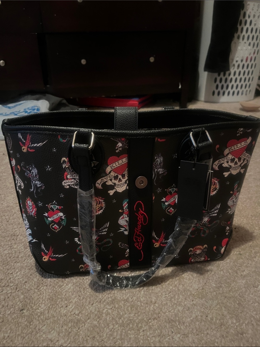 Ed Hardy Black Tattoo-Print Messenger Tote with Red Accents
